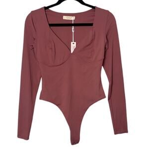 NWT Qinsen Dusty Rose Dual Layer Bodysuit Women's Size Medium Thong one piece
